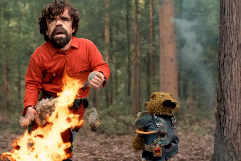 Image similar to peter dinklage holding a flare fighting smokey the bear, movie still, from the new sleepaway camp movie, 8 k, realistic