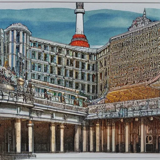 Prompt: Palast der Republik in Berlin, highly detailed architectural drawing by Francois Schuiten