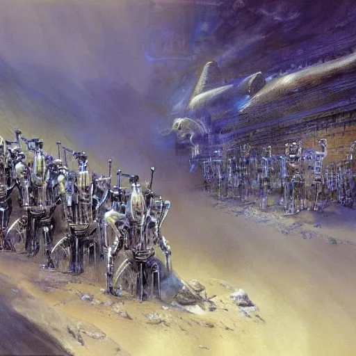 Prompt: orchestral music played by robots, painted by alan lee, john howe, pixiv, deviantart, artstation illustration, realistic