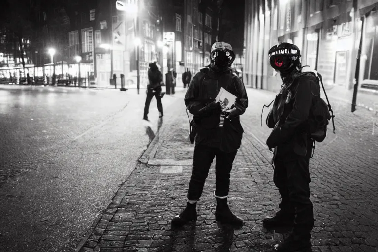 Prompt: photography of a cypherpunk arrested in amsterdam at night