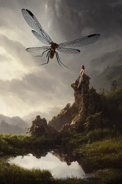 Prompt: a portrait of a dragonfly above a pond by Greg Rutkowski, Sung Choi, Mitchell Mohrhauser, Maciej Kuciara, Johnson Ting, Maxim Verehin, Peter Konig, final fantasy , mythical, 8k photorealistic, cinematic lighting, HD, high details, atmospheric,