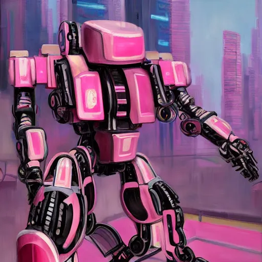 Image similar to a black girls building a giant pink mecha robot out of junk in the cyberpunk ghetto by justin bua, oil on canvas, 8k