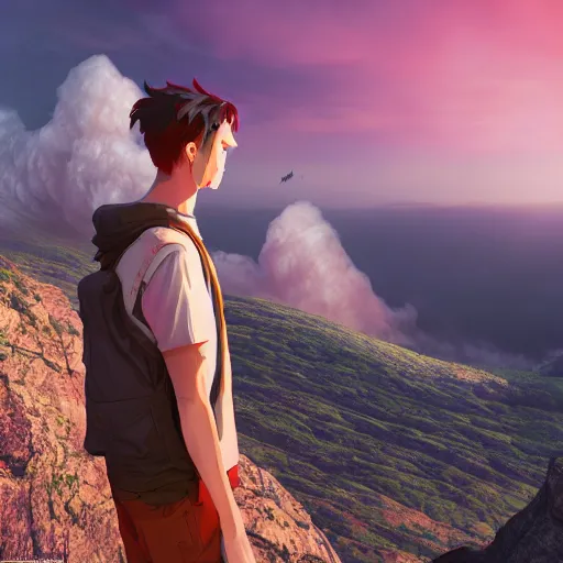 Image similar to young man facing the desperate and endless call of the void, mountain top above clouds, beautiful sunset, unreal 5 render, vivid colors, high detail, studio ghibli, digital art, octane render, beautiful composition, trending on artstation, award - winning photograph, masterpiece