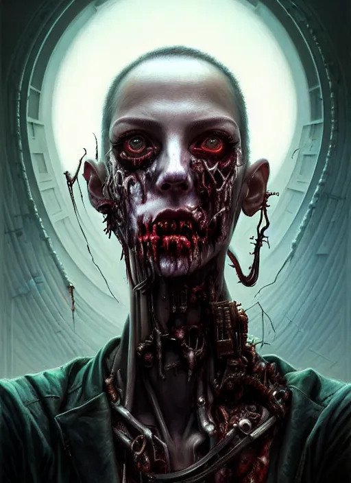 Image similar to portrait shot a cyberpunk zombie in a scenic dystopian environment, intricate, elegant, highly detailed, centered, digital painting, artstation, concept art, smooth, sharp focus, illustration, artgerm, tomasz alen kopera, peter mohrbacher, donato giancola, joseph christian leyendecker, wlop, boris vallejo