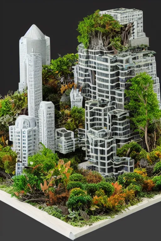 Prompt: 3 d printed physical model organic flowy including more than one city into one vertical building model that sits on a table in a room with a view back, multiple stories, wooden, with vegetation, colorful, eye - level view, 8 0 k, octane render, highly detailed 3 d render,