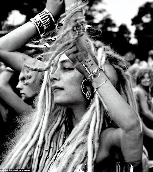 Prompt: portrait of a stunningly beautiful hippie woman with blonde dreadlocks dancing at a music festival, by bruce davidson