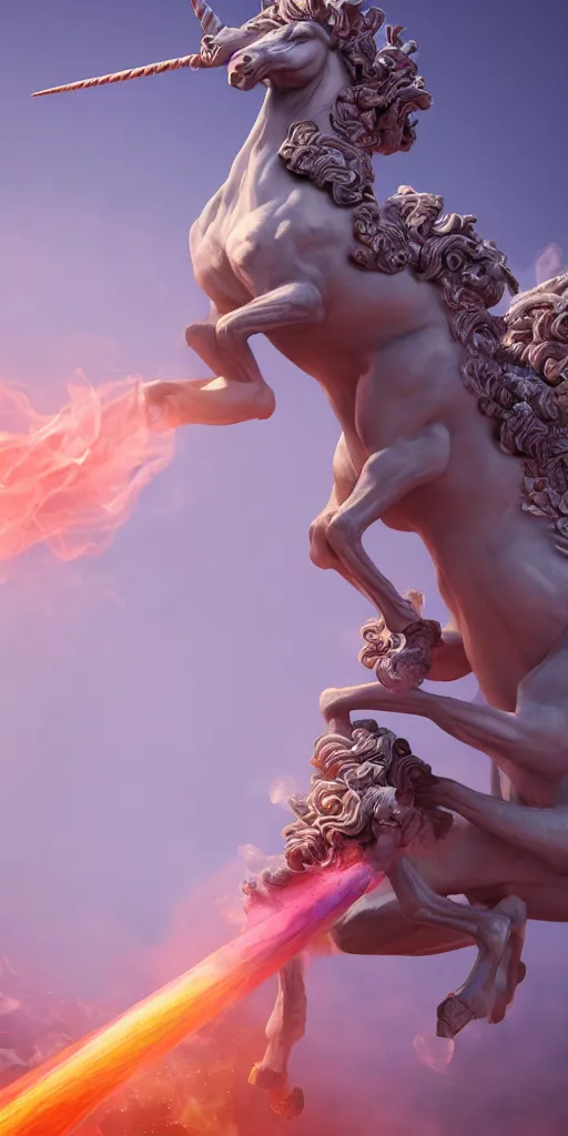 Prompt: a statue of a ramping unicorn sourrounding by a colorful smoke, victorian baroque, hyperrealistic, detailed, depth of field, High definition, 8k, depth of field, octane render, artstation