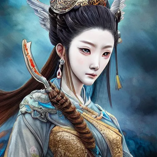 Image similar to dynamic composition, motion, ultra-detailed, incredibly detailed, a lot of details, amazing fine details and brush strokes, colorful and grayish palette, smooth, HD semirealistic anime CG concept art digital painting, watercolor oil painting of epic angel girl, from Three Kingdoms, by a Chinese artist at ArtStation, by Huang Guangjian, Fenghua Zhong, Ruan Jia, Xin Jin and Wei Chang. Realistic artwork of a Chinese videogame, gradients, gentle an harmonic grayish colors.