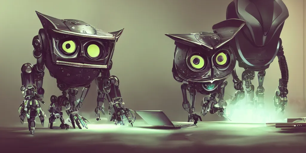 Prompt: an evil, malevolent, robot mechincal owl looking at photos. this 4 k hd image is trending on artstation, featured on behance, well - rendered, extra crisp, features intricate detail and the style of unreal engine. volumetric lighting