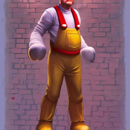 Prompt: full body shot of man super mario, brick wall background, highly detailed, digital painting, artstation, illustration, art by artgerm and greg rutkowski and alphonse mucha