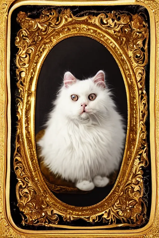 Prompt: a magnificent tintype portrait of a fluffy fat royal cat on an embroidered velvet cushion on a neo - rococo gilded little bed, by david lachapelle, photorealistic, photography, wide shot