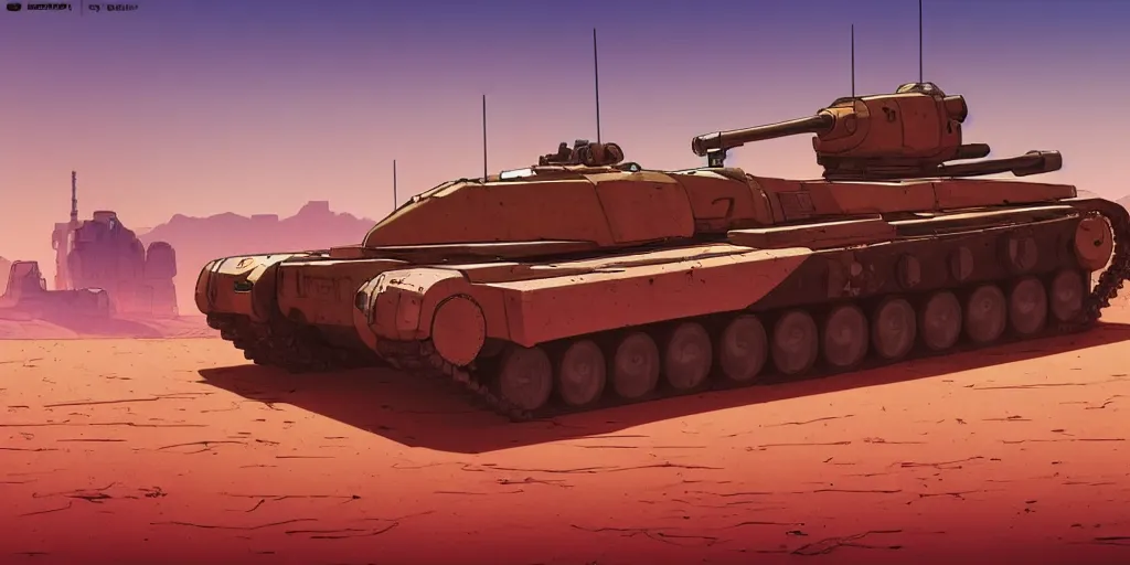 Image similar to tank in desert by mœbius, wide shot, realistic, cyberpunk 2 0 7 7 character art, gta v loading screen art, blade runner 2 0 4 9 concept art, cel shading, thick lines, artstation, art by stephen bliss