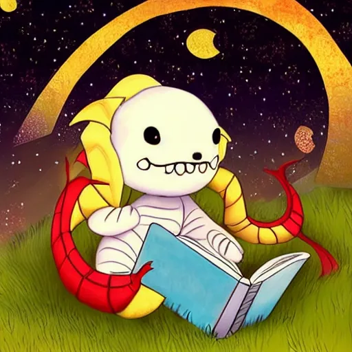 Image similar to cute dragon reading a book under the stars