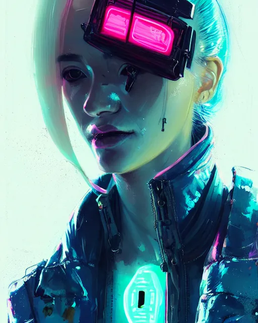 Prompt: detailed portrait neon operator lady, blonde ponytail hair, cyberpunk futuristic, neon, reflective puffy coat, decorated with traditional japanese by ismail inceoglu dragan bibin hans thoma greg rutkowski alexandros pyromallis nekro rene margitte, illustrated, perfect face, fine details, realistic shaded, fine - face, pretty face