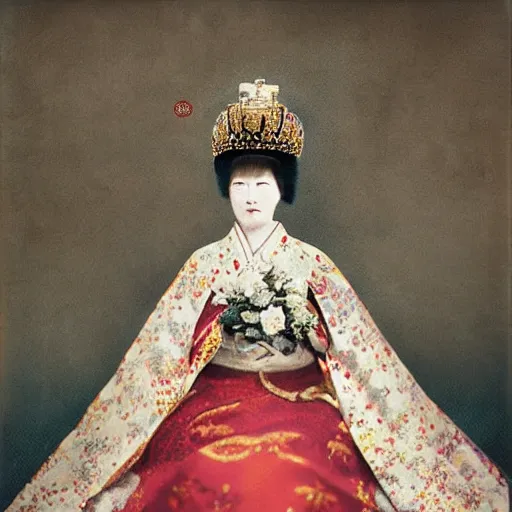 Image similar to A wide full shot, colored Russian and Japanese mix historical fantasy of a photograph portrait taken of the empress wearing her royal wedding attire, photographic portrait, warm lighting, 1907 photo from the official wedding photographer for the royal wedding.