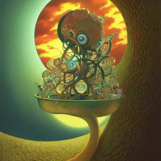 Image similar to boing boing on the ringy dingy, a surrealist painting by naoto hattori, sunset, by morphius, intricate, detailed illustration, by greg rutkowski and alphonse mucha, paul lehr and beeple, iridescent accents, ray tracing, product lighting, sharp, smooth, masterpiece, cinema 4 d