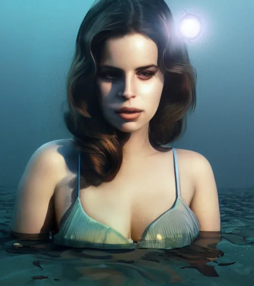 Image similar to underwater portrait of lana Del Rey as a cyborg, octane render, kingdom come by Alex Ross