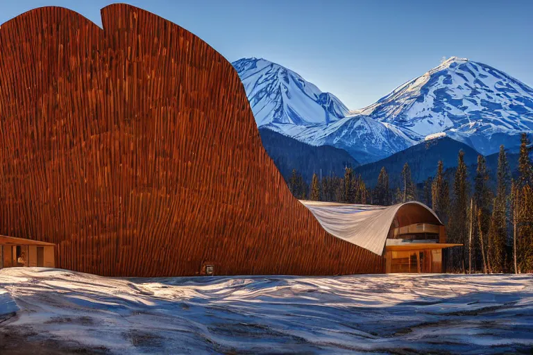 Image similar to architecture photo modern fachwerk wooden giant opera building settlement with Elbrus mountain on the background, architecture, photorealism 8k , shining and happy atmosphere, uplight, high details