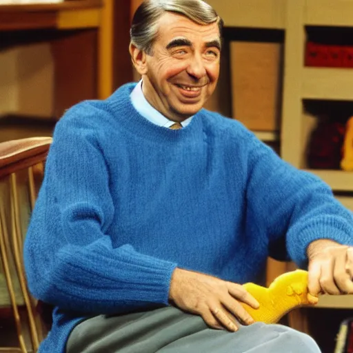 Image similar to fred rodgers, mr. rodgers neighborhood, blue sweater, putting on his shoes,