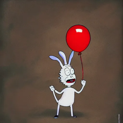 Image similar to grunge painting of bugs bunny with a wide smile and a red balloon rick and morty style, creepy lighting, horror theme, detailed, elegant, intricate, conceptual