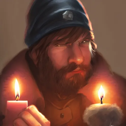 Prompt: a male adventurer wearing a black night cap with a pom pom at the end, holding a candle, portrait, d & d, science fiction, concept art, matte, sharp focus, illustration, concept art, jason chan, dan luvisi, karl thiart