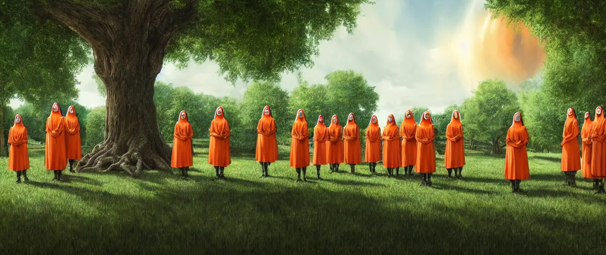 Prompt: hyperrealistic hyper detailed wide shot of low brow cyborg soldier nuns protecting a giant oak tree matte painting concept art key sage jeff koons very soft orange lighting low angle hd 8k sharp shallow depth of field