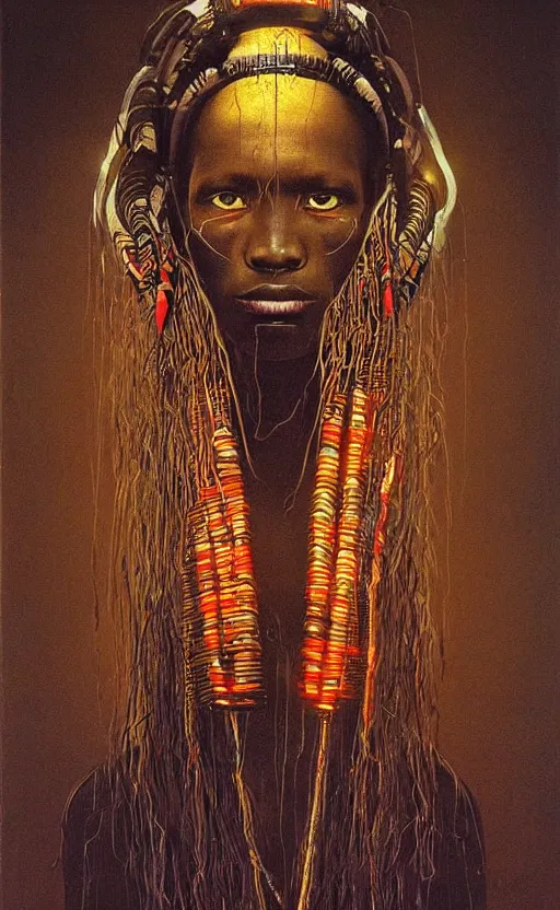 Image similar to portrait of african tribal chief wearing futuristic technology, insibidi symbols, symmetrical, dramatic lighting, art by zdzislaw beksinski,