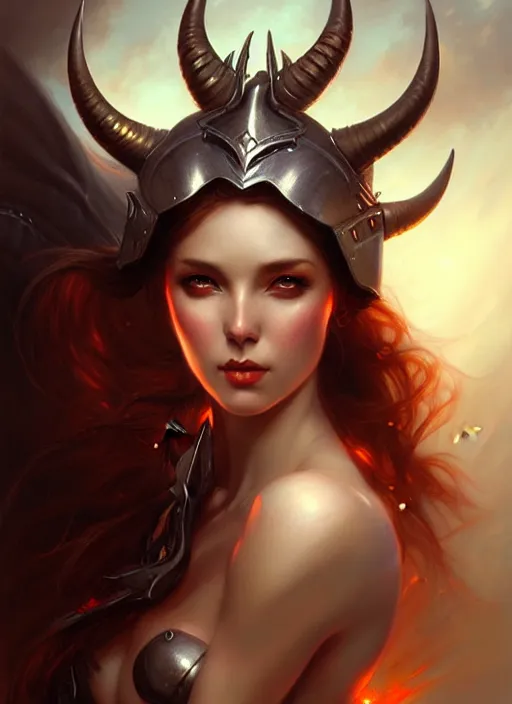 Image similar to a beautiful woman with horns and armor, painted by artgerm and tom bagshaw, fantasy art, dramatic lighting, highly detailed oil painting