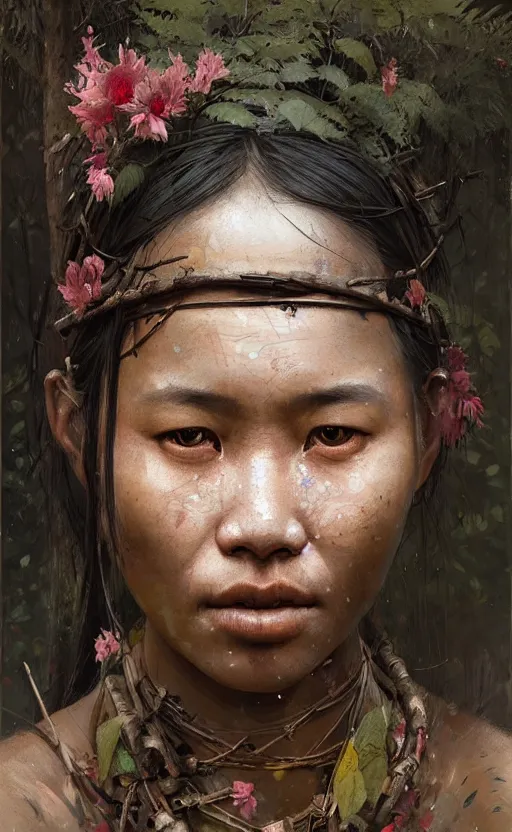 Image similar to detailed portrait of a tribal woman with asian eyes and thick lip forest girl, flowers and trees, by ismail inceoglu dragan bibin hans thoma greg rutkowski alexandros pyromallis nekro rene maritte illustrated, perfect face, fine details, realistic shaded, fine - face, pretty face