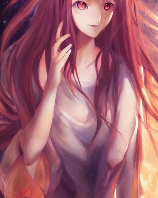 Image similar to A very beautiful painting of Holo from Spice and Wolf anime by rossdraws, wlop, artgerm and Gil Elvgren