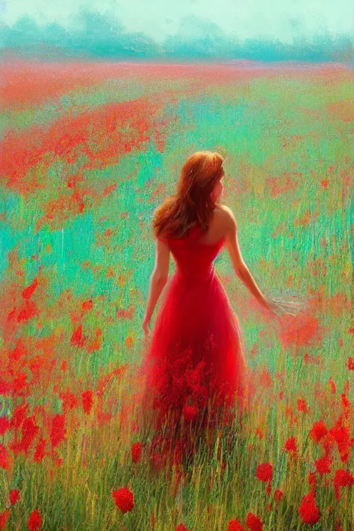 Prompt: a painting of a woman in a cyan dress standing in a field of red flowers by craig mullins, trending on artstation, color field, concept art, artstation hd, matte drawing
