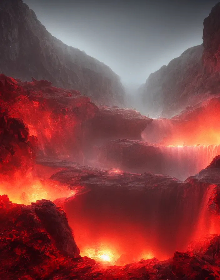 Image similar to infinity pool in hell. intricate artwork by artstation. halo. octane render, cinematic, hyper realism, octane render, 8k, depth of field, bokeh, demonic, dark, devil, demons, mist, red illuminating fog, rocks, red and black colour scheme.