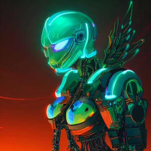 Image similar to a beautiful digital artwork of a neon glowing cyborg phenix with robotic mech parts by artgerm, tooth wu, dan mumford, beeple, wlop, rossdraws, james jean, marc simonetti. intricate, epic lighting, cinematic composition, hyper realistic, 8 k resolution, unreal engine 5