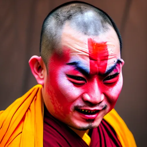 Image similar to photorealistic portrait photograph of a crazy buddhist monk with painted face as in peking opera and rastafarian rainbor color hair with spikes and rings in pierced face ears and nose like punks