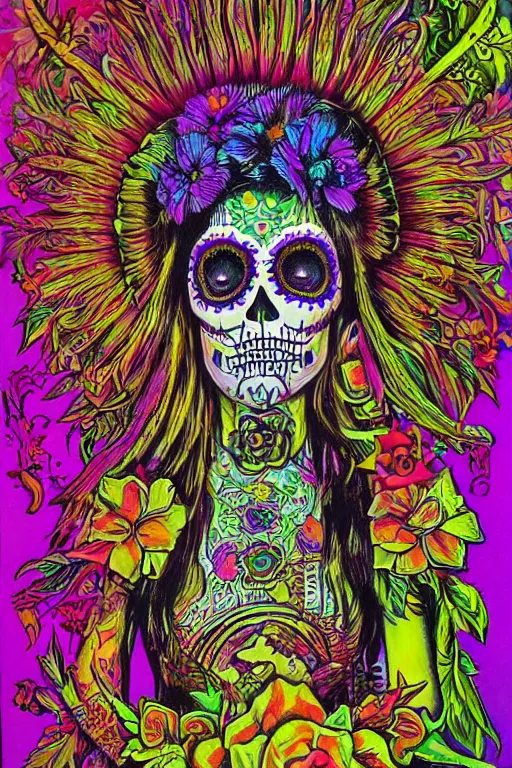 Prompt: realistic detailed psychedelic poster art of a cute Día de los Muertos girl by Victor Moscoso Rick Griffin Art Noveau, masterpiece