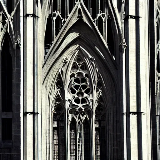 Prompt: architectural shot, no decaying lines, alabaster gothic cathedral, black opal skin, gothic girl dressed in black with macro head face