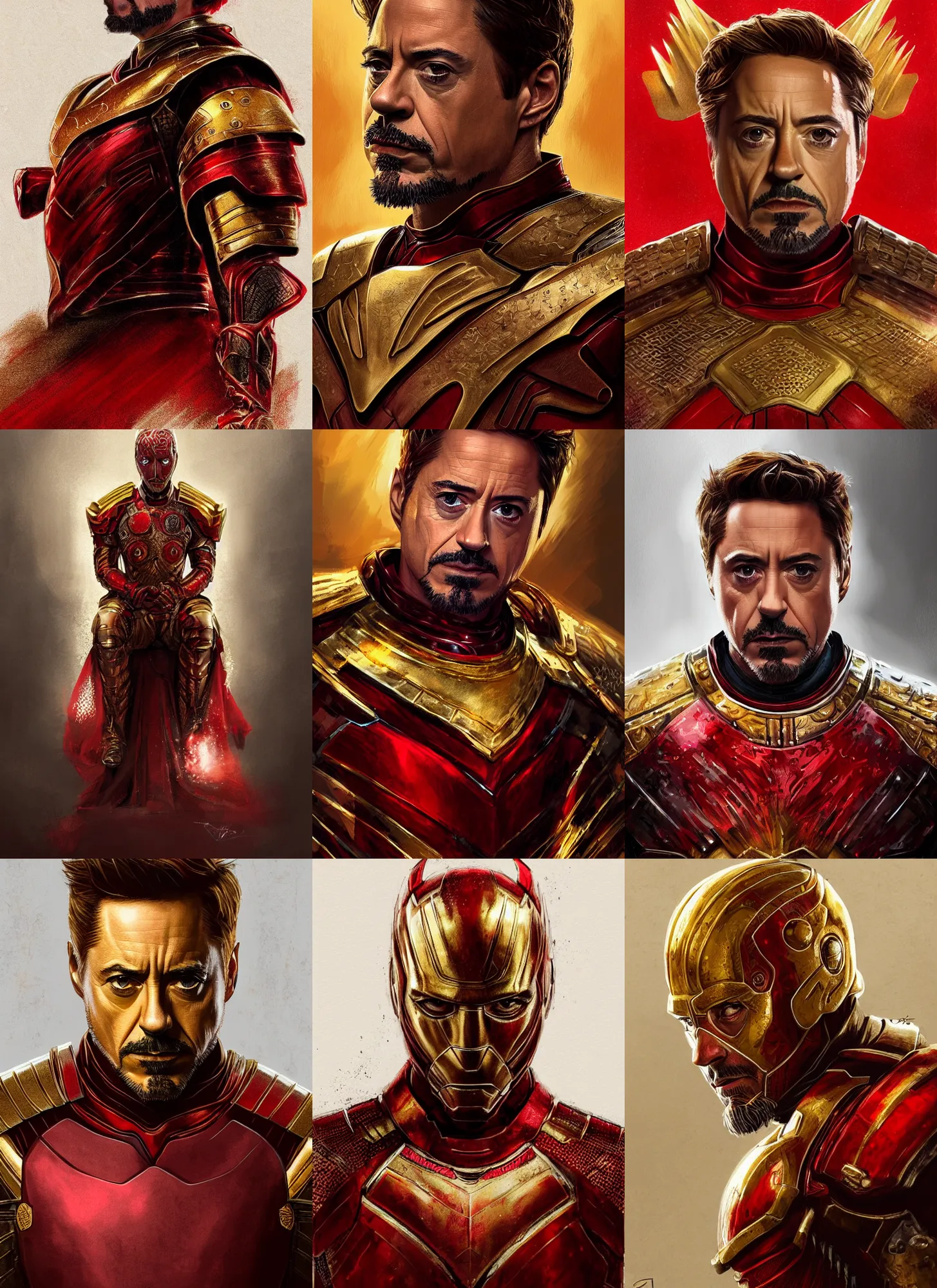 Prompt: robert downey jr portrait wearing red and golden armour, game of thrones, intricate, elegant, highly detailed, digital painting, artstation, concept art, smooth, sharp focus, illustration, aleksi briclot, rutkowski