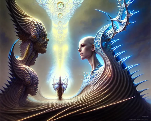 Image similar to the stronghold of white light, fantasy character portrait made of fractals facing each other, ultra realistic, wide angle, intricate details, the fifth element artifacts, highly detailed by peter mohrbacher, hajime sorayama, wayne barlowe, boris vallejo, aaron horkey, gaston bussiere, craig mullins