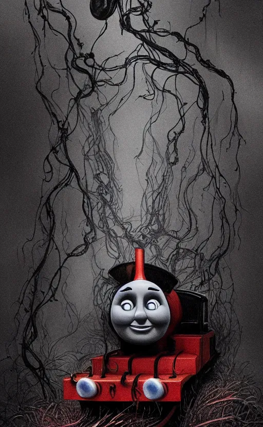 Image similar to thomas the tank engine in style of zdzisław beksinski, extremely dramatic lighting, 8 k, tendrils, black, darkness, black slime tendrils, infected, rust, body horror, thomas the train, thomas the tank engine face, horror,