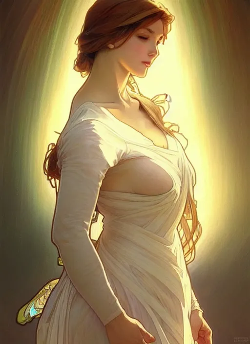 Prompt: digital character concept art by artgerm and greg rutkowski and alphonse mucha. clear portrait of a modern young wife blessed by god to uncontrollably become overwhelmingly perfect!! blonde, full - figured in clothes, obviously feminine holy body!! light effect. hyper detailed, glowing lights!! intricate, elegant, digital painting, artstation, smooth, sharp focus