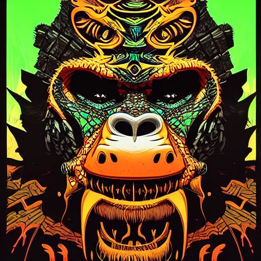 Image similar to barong family member, wiwek, mara demon, one single tribe member, jungle, one single mask, dark, ancient warrior, gorilla, lizard, tribal, inner glow, art by dan mumford and justin gerard