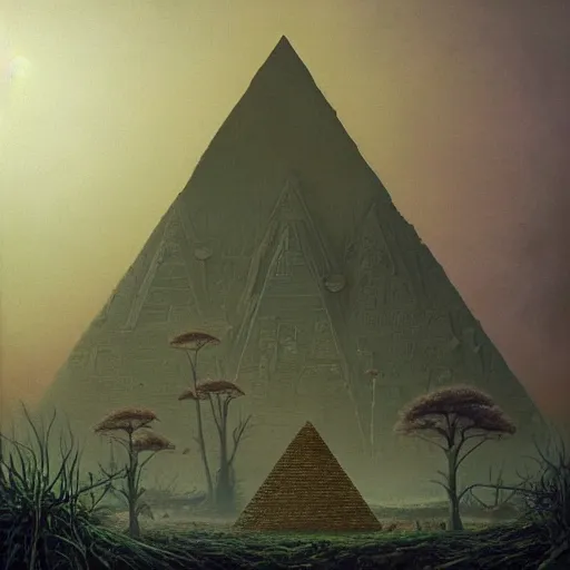 Image similar to a hyperrealistic painting of an overgrown derelict egyptian pyramid in the middle of an alien jungle, bioluminescent plants, by john kenn mortensen and zdzislaw beksinski, highly detailed, vivid color,