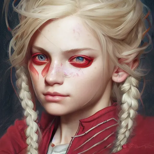 Image similar to portrait of a young girl with blond twin tail hair and red eyes, ultra realistic, concept art, intricate details, eerie, highly detailed, photorealistic, octane render, 8 k, unreal engine. art by artgerm and greg rutkowski and alphonse mucha