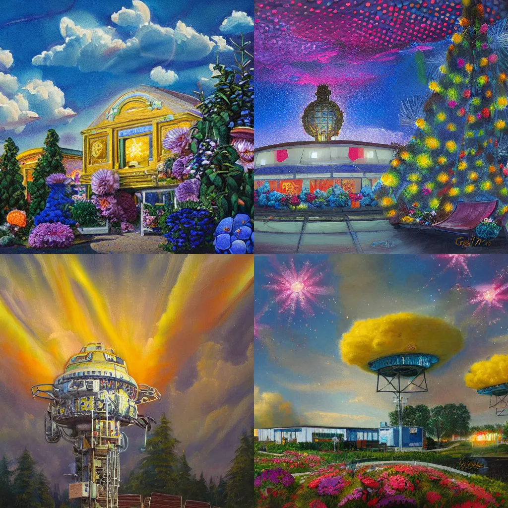 Prompt: detailed painting of a satellite station, exterior, floral ornaments, volumetrics lights, beam of bright lights through the clouds, greg hilderbrandt