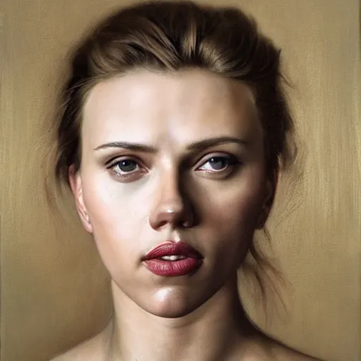 Prompt: a portrait of Scarlett Johansson, facing front, by Rogier van der Weyden, oil painting, anatomically correct, beautiful perfect face, sharp focus, Highly Detailed, Cinematic Lighting, 8k, HD