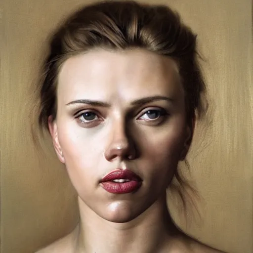 Image similar to a portrait of Scarlett Johansson, facing front, by Rogier van der Weyden, oil painting, anatomically correct, beautiful perfect face, sharp focus, Highly Detailed, Cinematic Lighting, 8k, HD