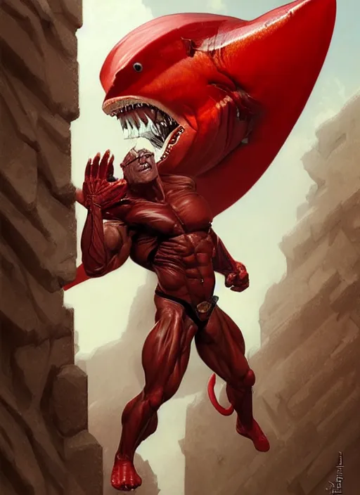 Image similar to portrait of a super muscular red humanoid shark breaking a wall, d & d, muscular! fantasy, intricate, elegant, highly detailed, digital painting, artstation, concept art, smooth, sharp focus, illustration, art by artgerm and greg rutkowski and alphonse mucha