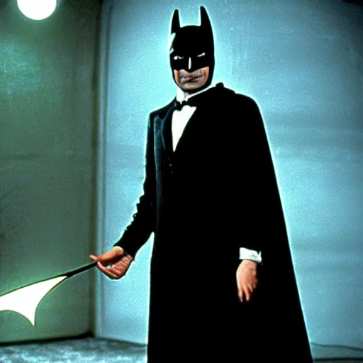 Image similar to mr. bean as batman 1 9 6 6. movie still. cinematic lighting.