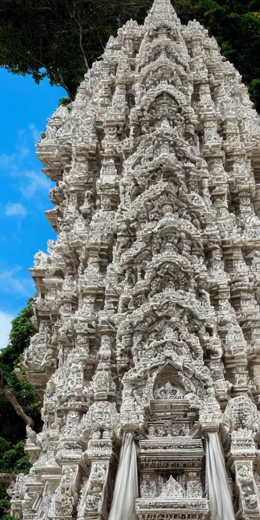 Image similar to colossal and beautiful hindu temple, ornate architecture, carved in white marble, cliffside, lush jungle, atmosphere, dramatic lighting, epic composition, close up, low angle, wide angle, by miyazaki, nausicaa ghibli, breath of the wild