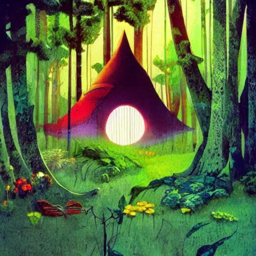 Image similar to A pod home in the forest, bright colors, bloom, cool colors, moody, by Dave mckean and studio ghibli
